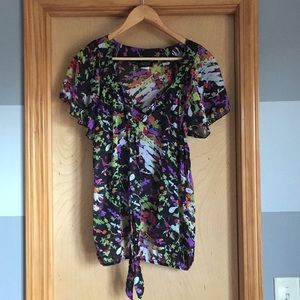 Zoe + skye Black Sheer Top Colorful Pattern (Size L)